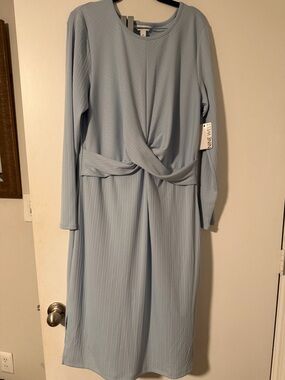 Nine West Pale Blue Long Sleeve Twist-Front Midi Dress